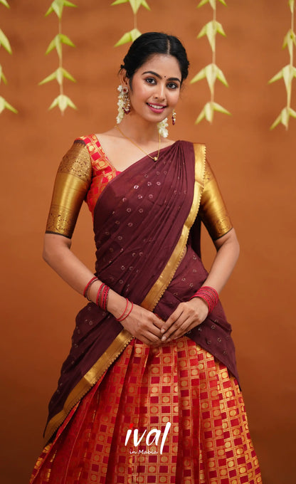 Izhaiyini Organza Half Saree - Red And Brown Sarees