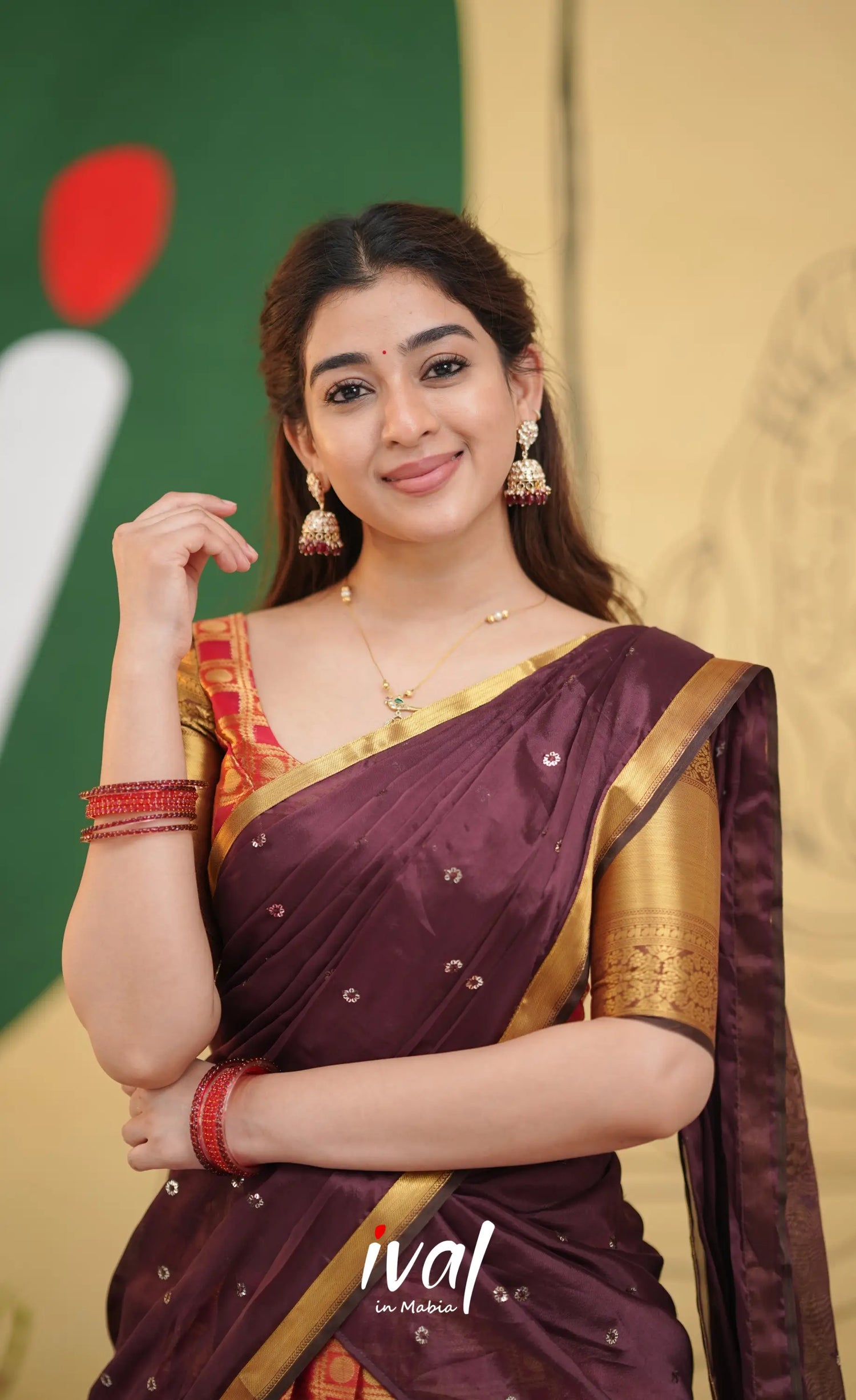 Izhaiyini Organza Half Saree - Red and brown - Half Sarees