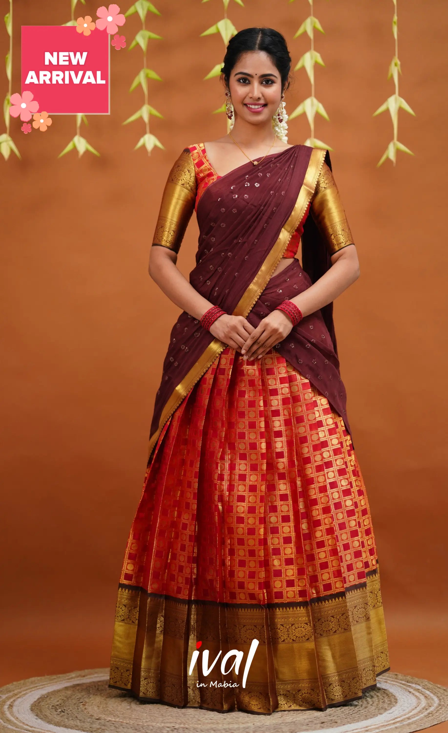 Izhaiyini Organza Half Saree - Red And Brown Sarees