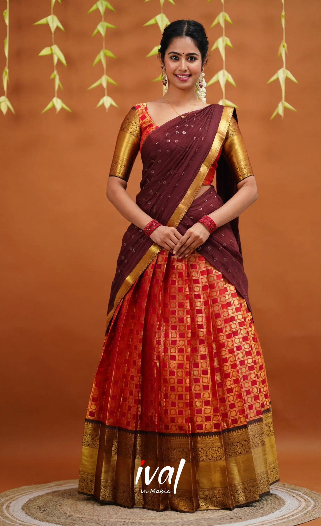 Izhaiyini Organza Half Saree - Red And Brown Sarees