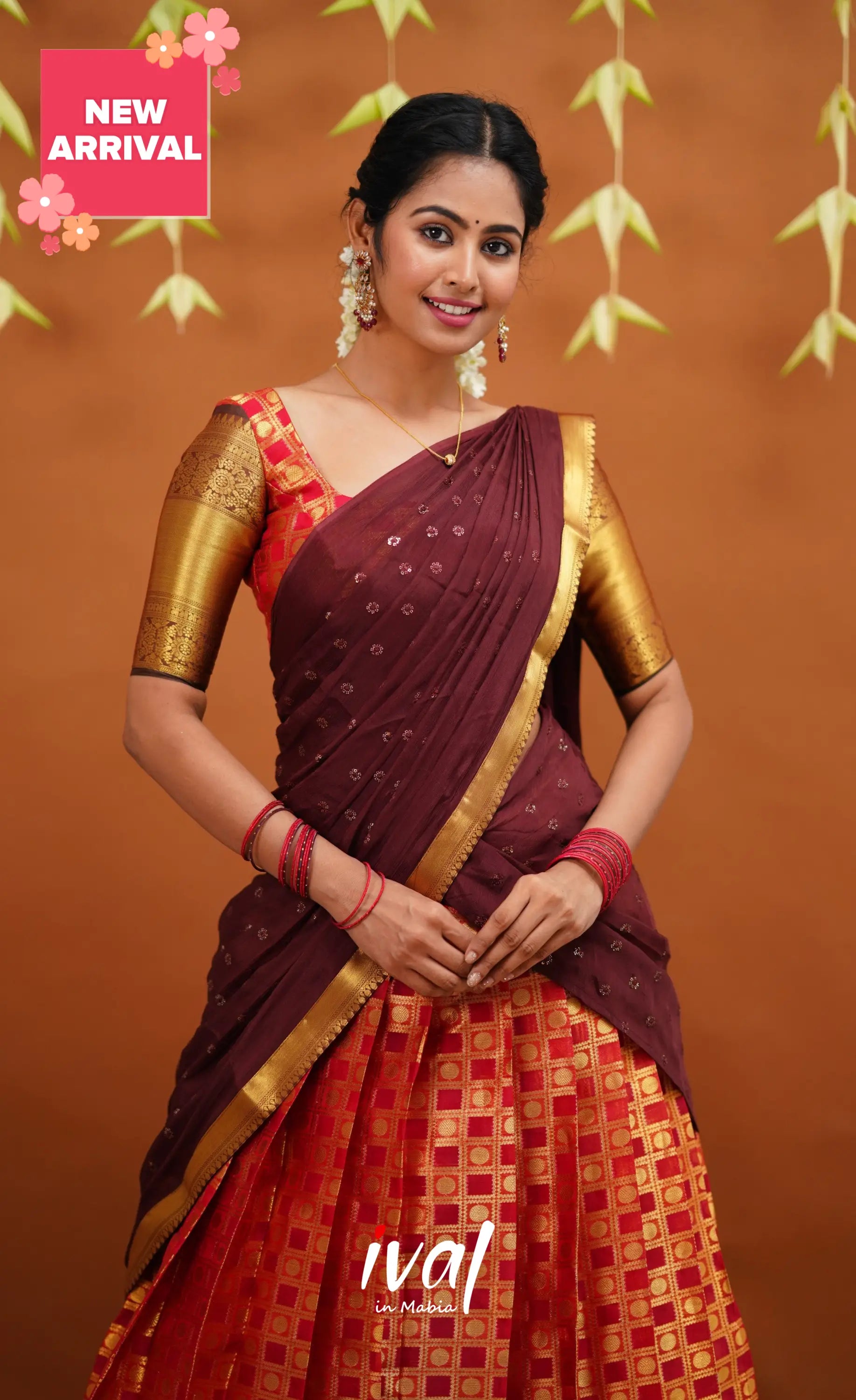 Izhaiyini Organza Half Saree - Red And Brown Sarees