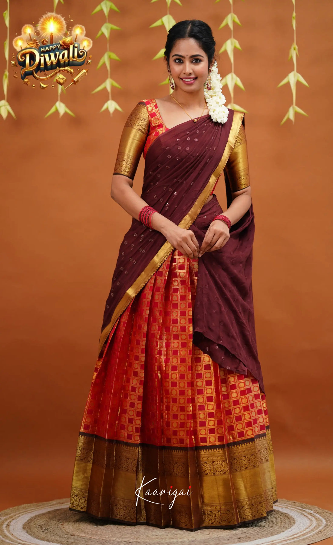 Izhaiyini Organza Half Saree - Red And Brown Sarees