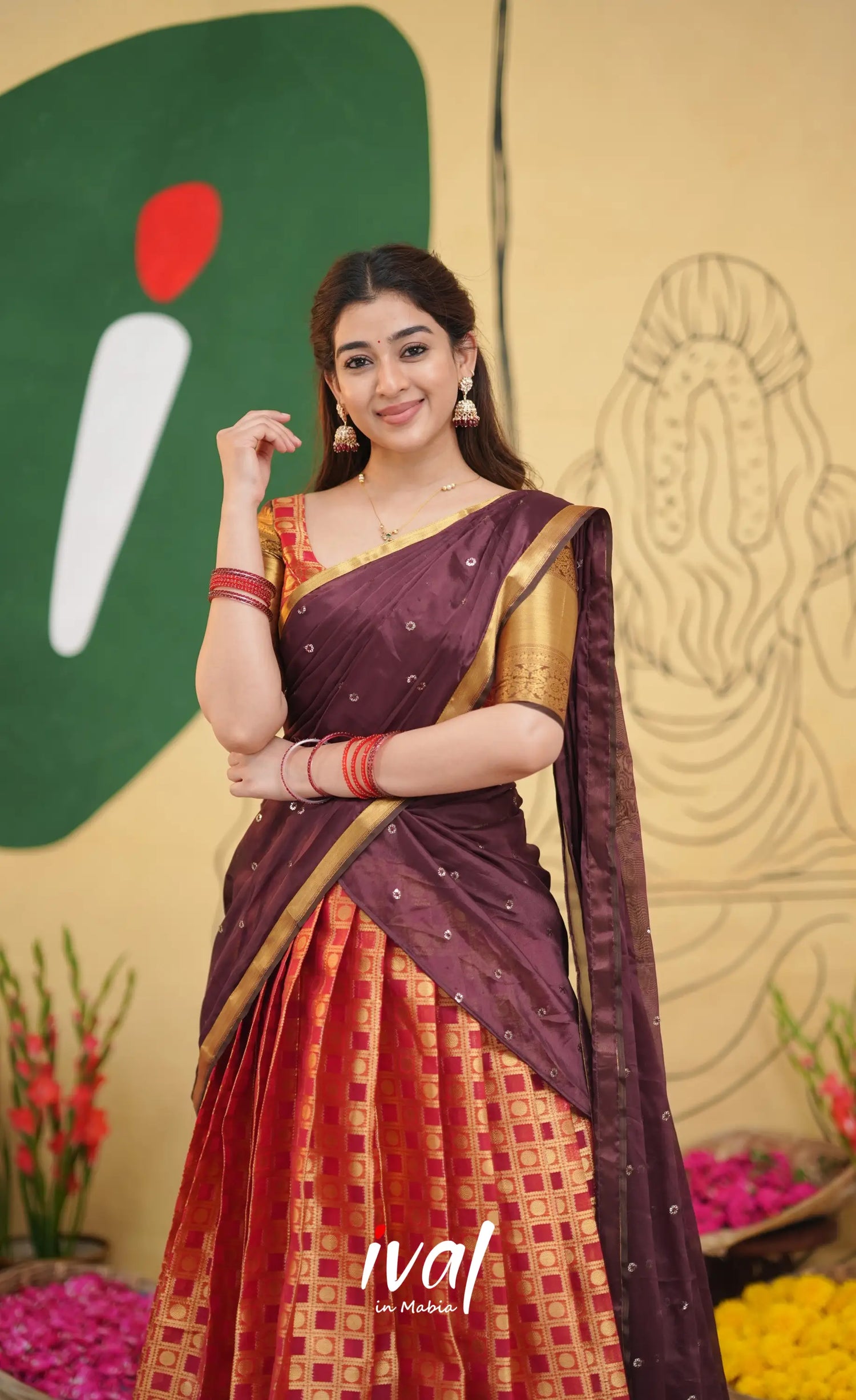 Izhaiyini Organza Half Saree - Red and brown - Half Sarees