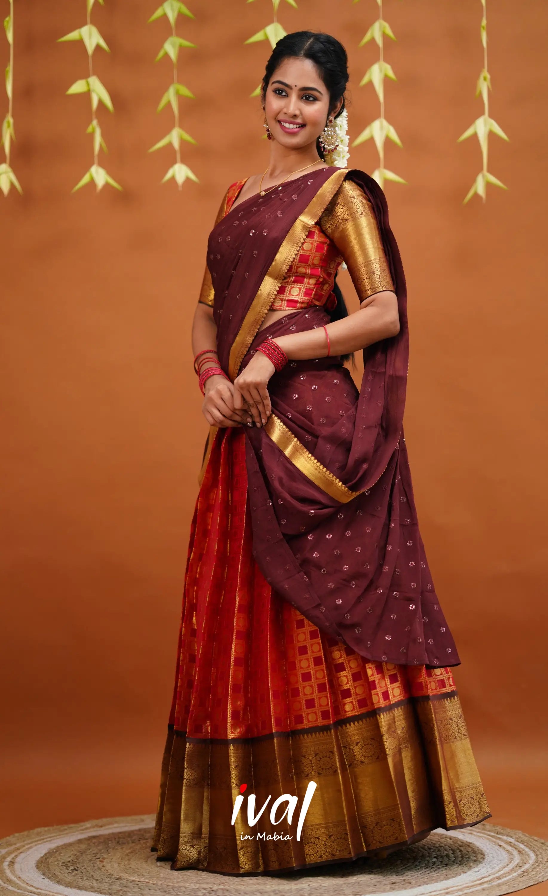 Izhaiyini Organza Half Saree - Red And Brown Sarees