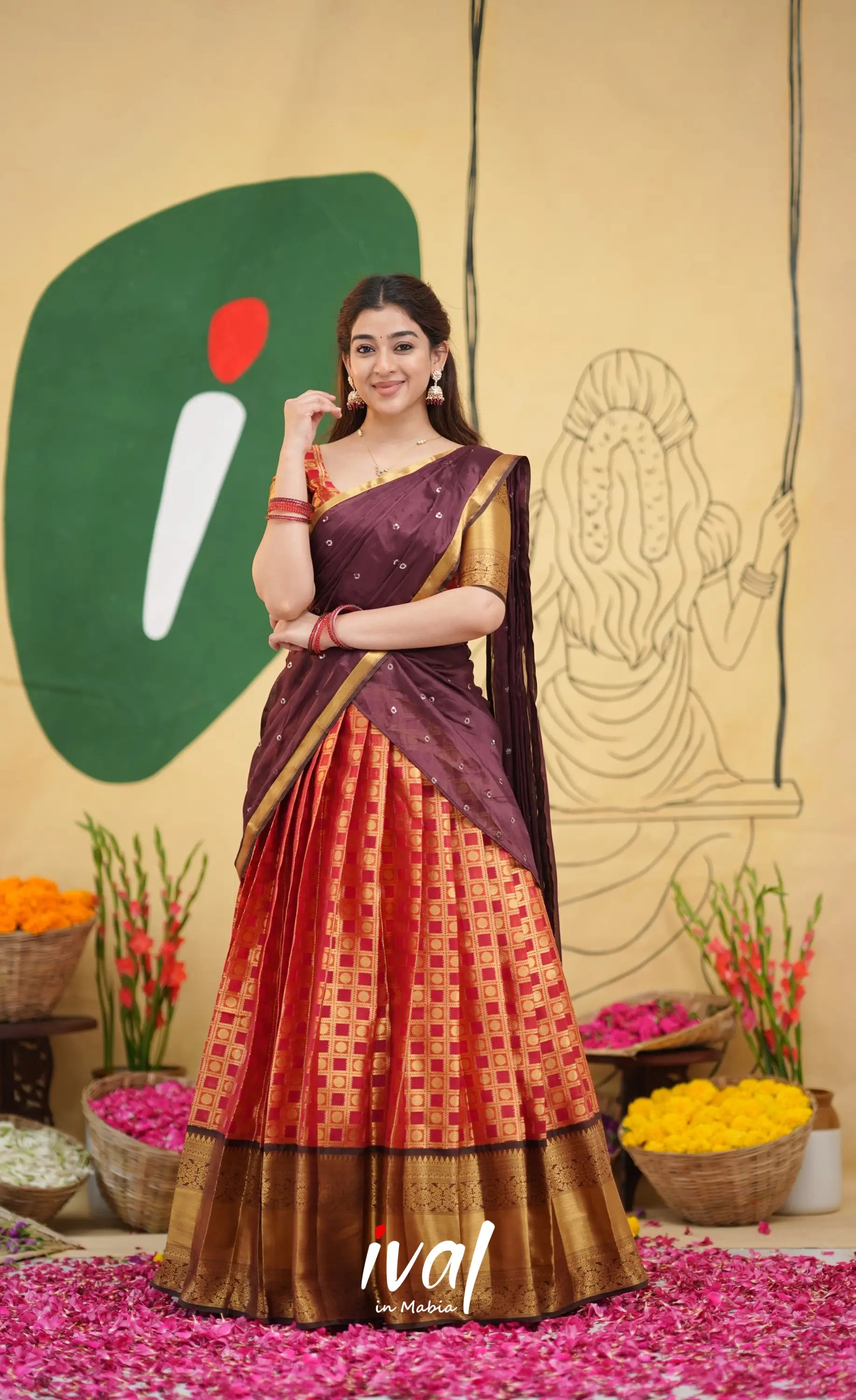 Izhaiyini Organza Half Saree - Red and brown - Half Sarees