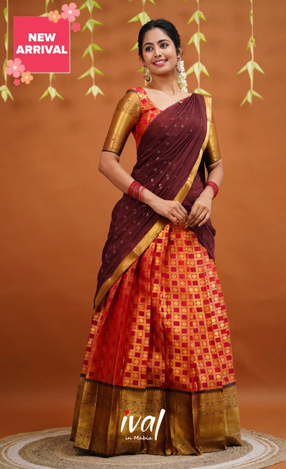 Izhaiyini Organza Half Saree - Red And Brown Sarees