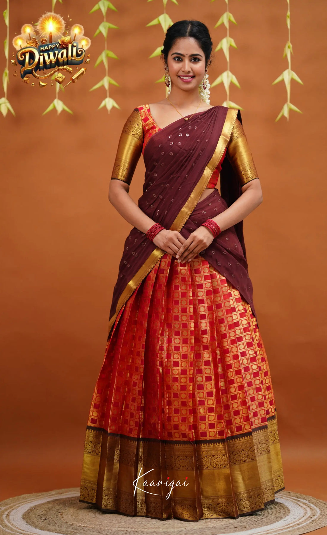 Izhaiyini Organza Half Saree - Red And Brown Sarees