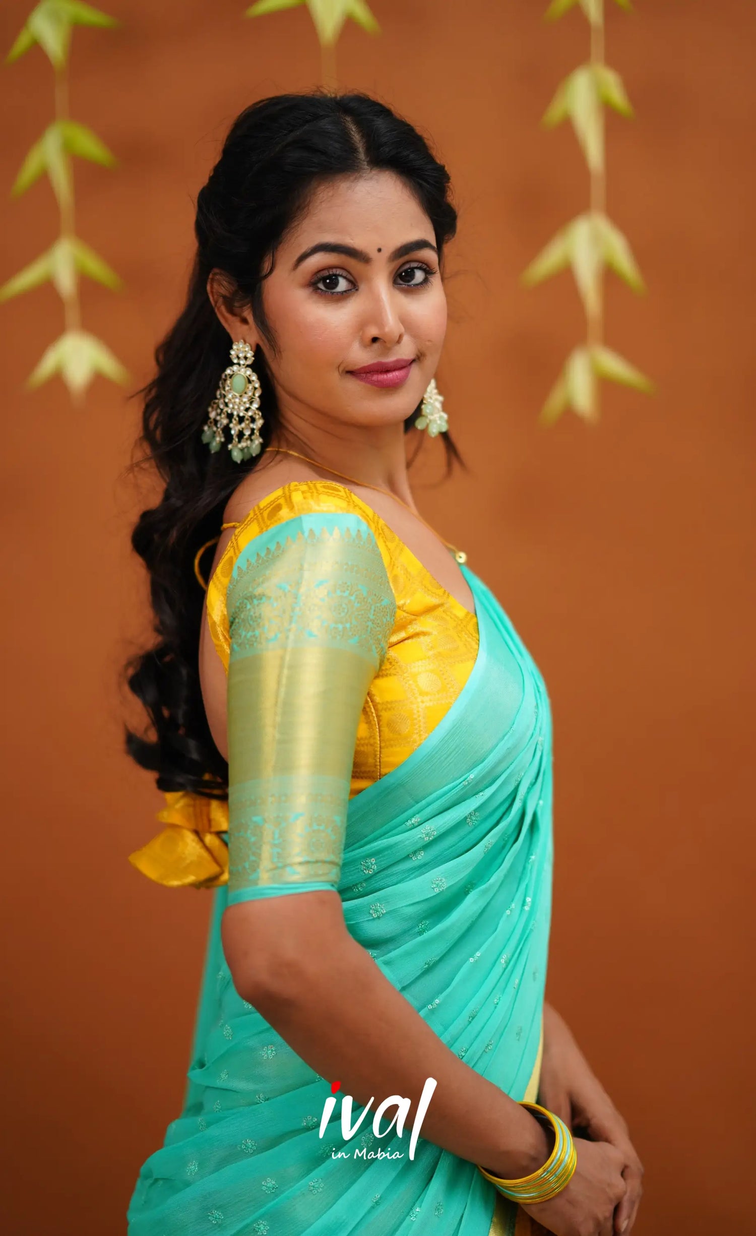 Izhaiyini Organza Half Saree - Yellow And Light Teal Sarees