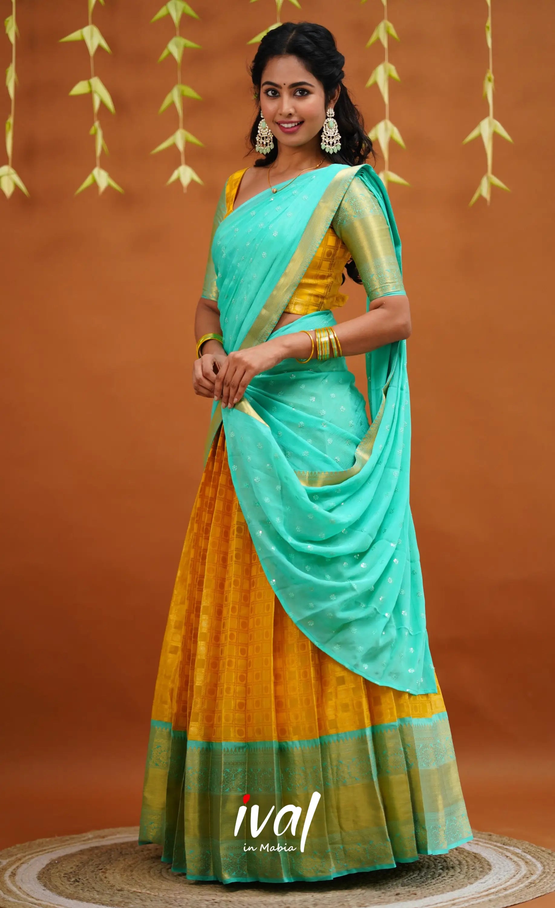 Izhaiyini Organza Half Saree - Yellow And Light Teal Sarees