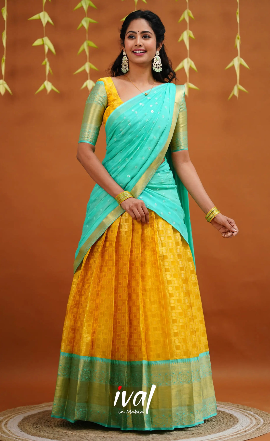 Izhaiyini Organza Half Saree - Yellow And Light Teal Sarees