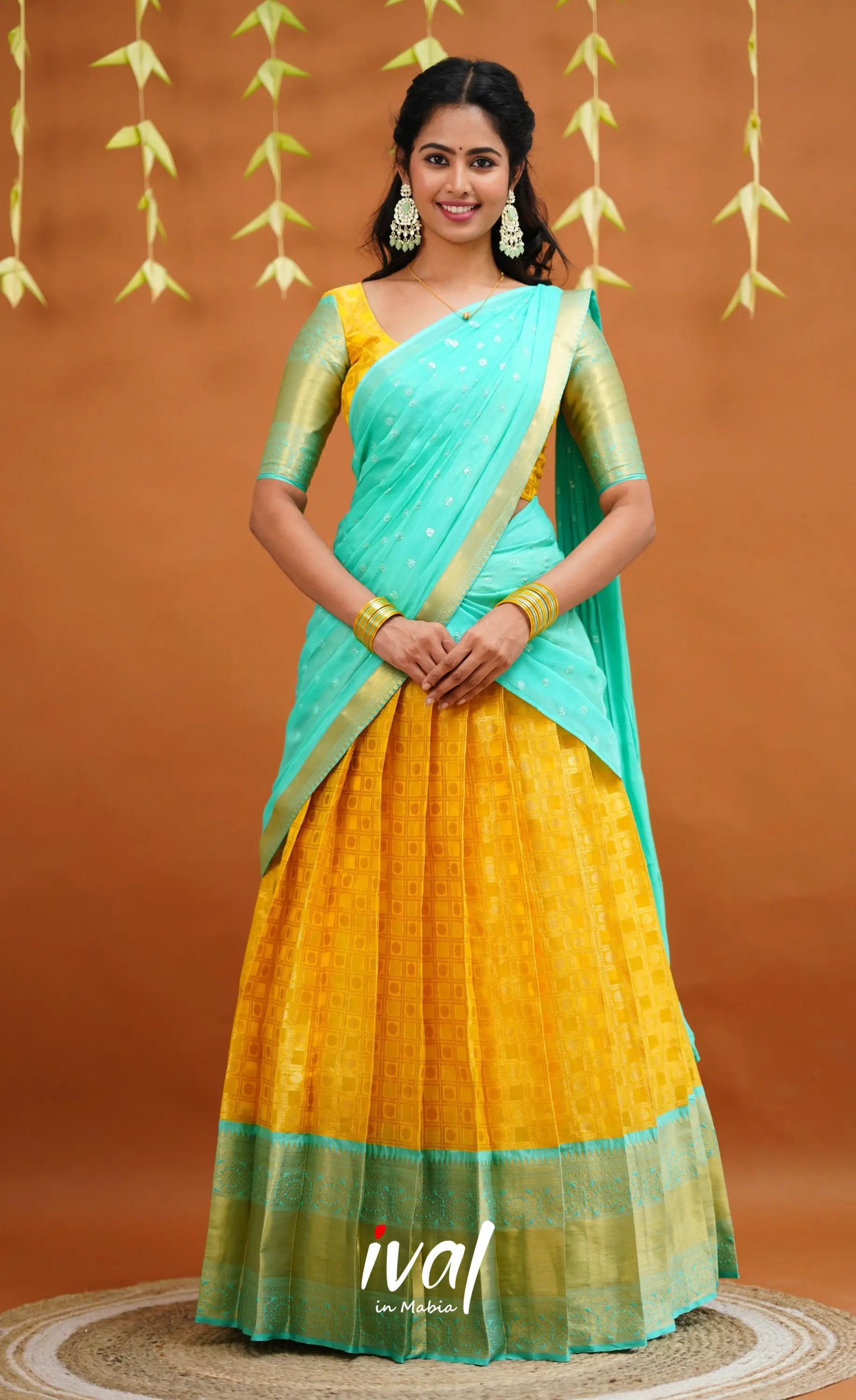 Izhaiyini Organza Half Saree - Yellow And Light Teal Sarees