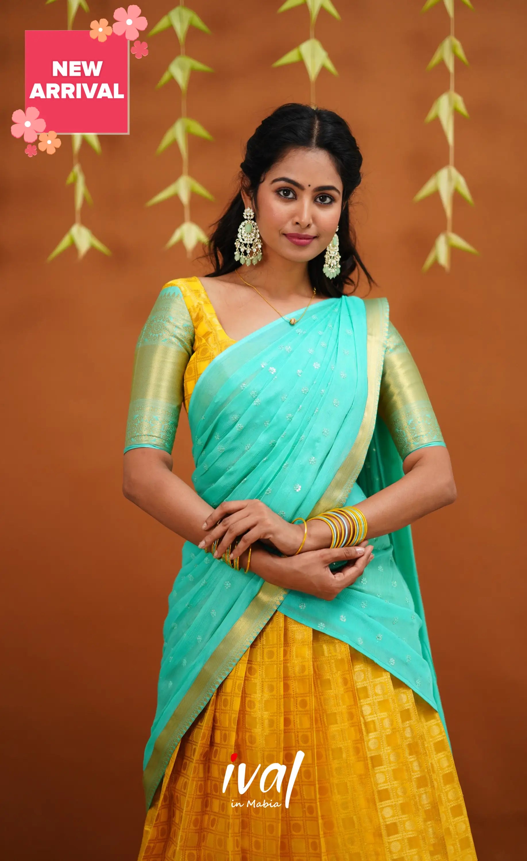 Izhaiyini Organza Half Saree - Yellow And Light Teal Sarees