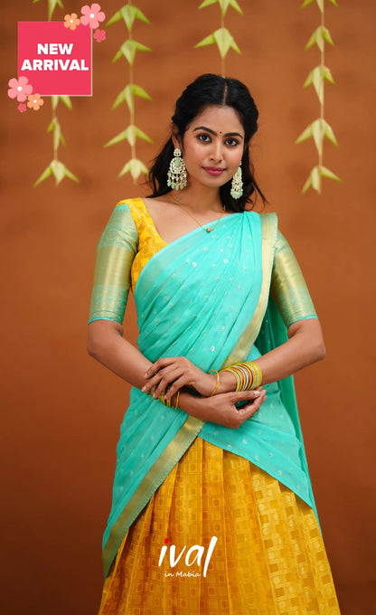 Izhaiyini Organza Half Saree - Yellow And Light Teal Sarees