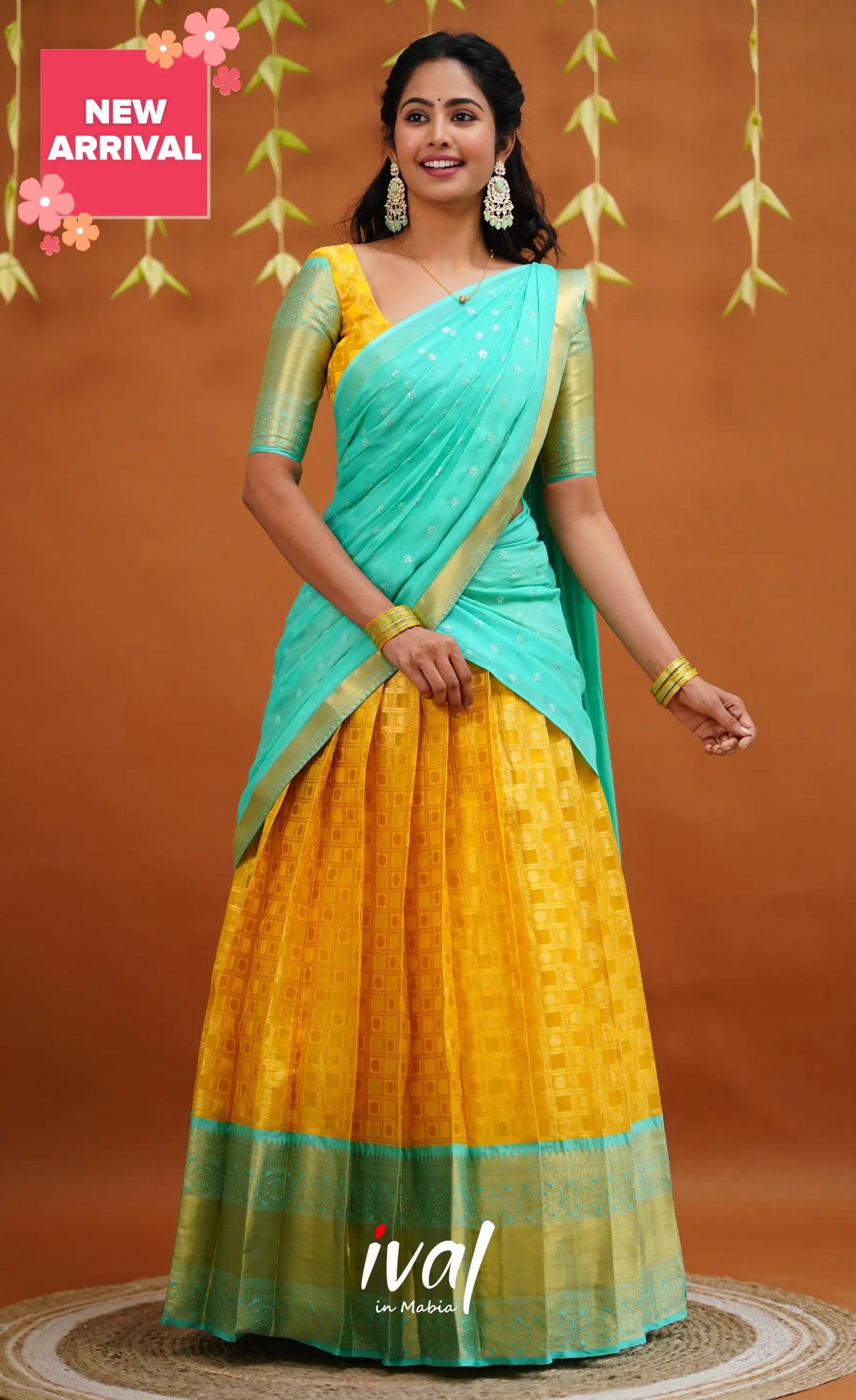 Izhaiyini Organza Half Saree - Yellow And Light Teal Sarees