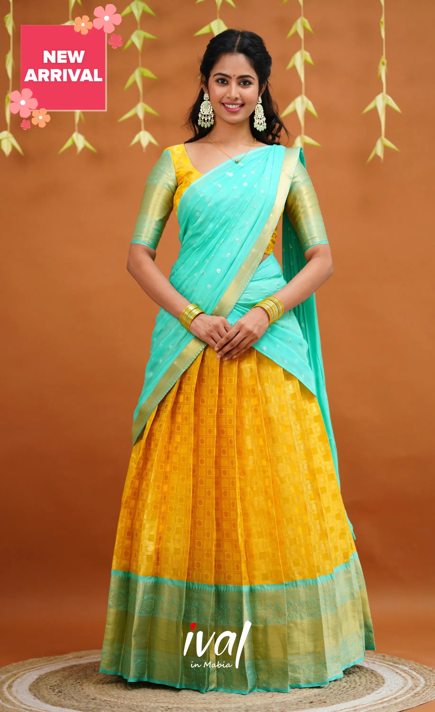 Izhaiyini Organza Half Saree - Yellow And Light Teal Sarees