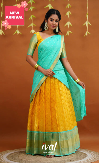 Izhaiyini Organza Half Saree - Yellow And Light Teal Sarees