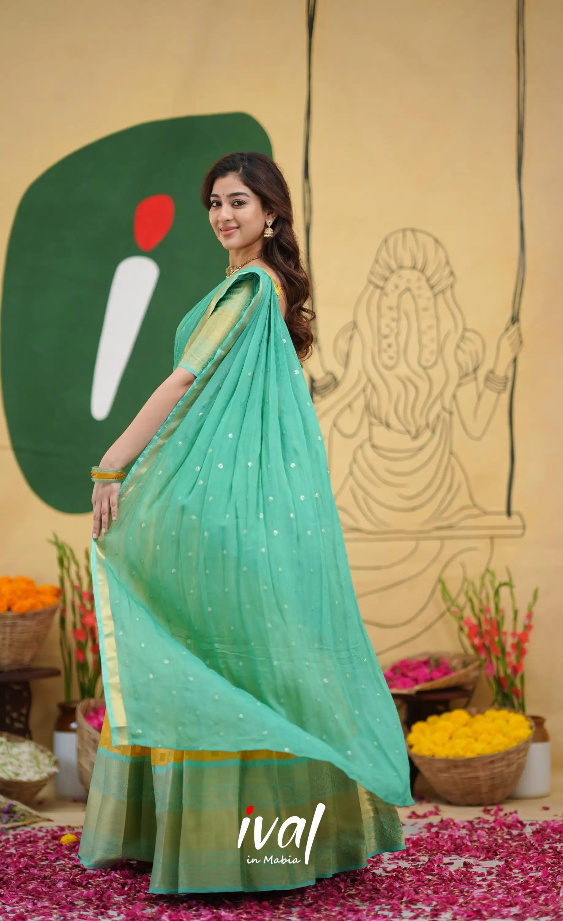 Izhaiyini Organza Half Saree - Yellow and Light Teal - Half Sarees
