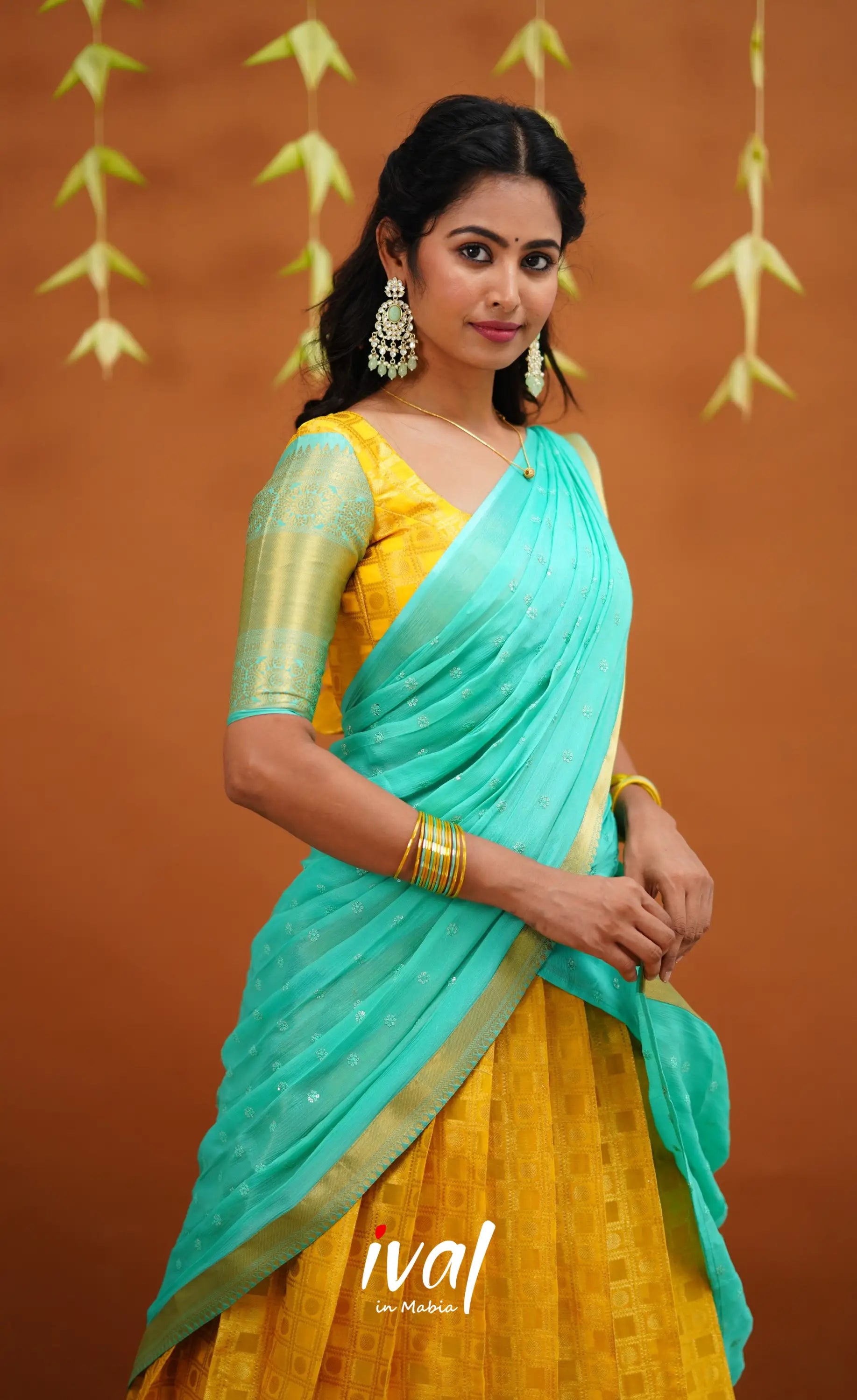 Izhaiyini Organza Half Saree - Yellow And Light Teal Sarees