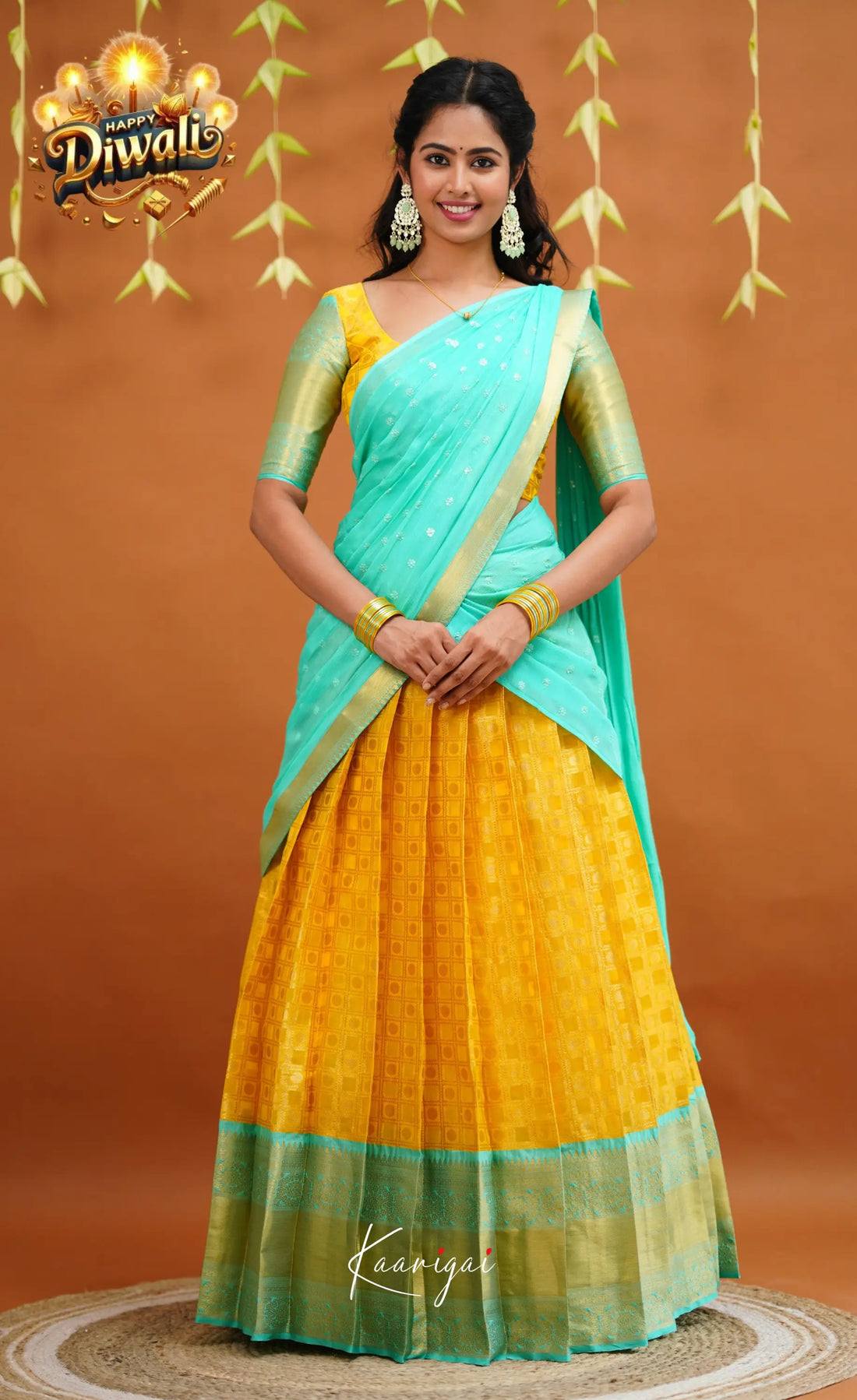 Izhaiyini Organza Half Saree - Yellow And Light Teal Sarees