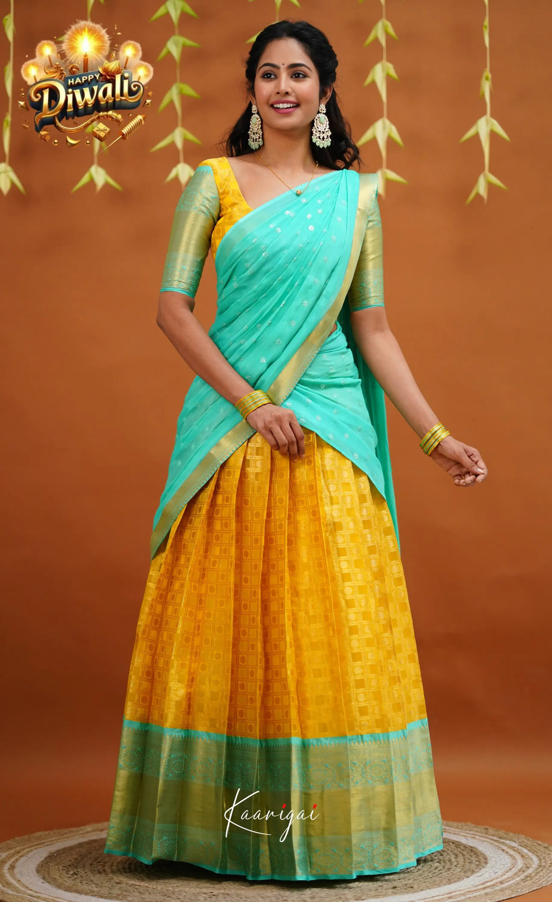 Izhaiyini Organza Half Saree - Yellow And Light Teal Sarees