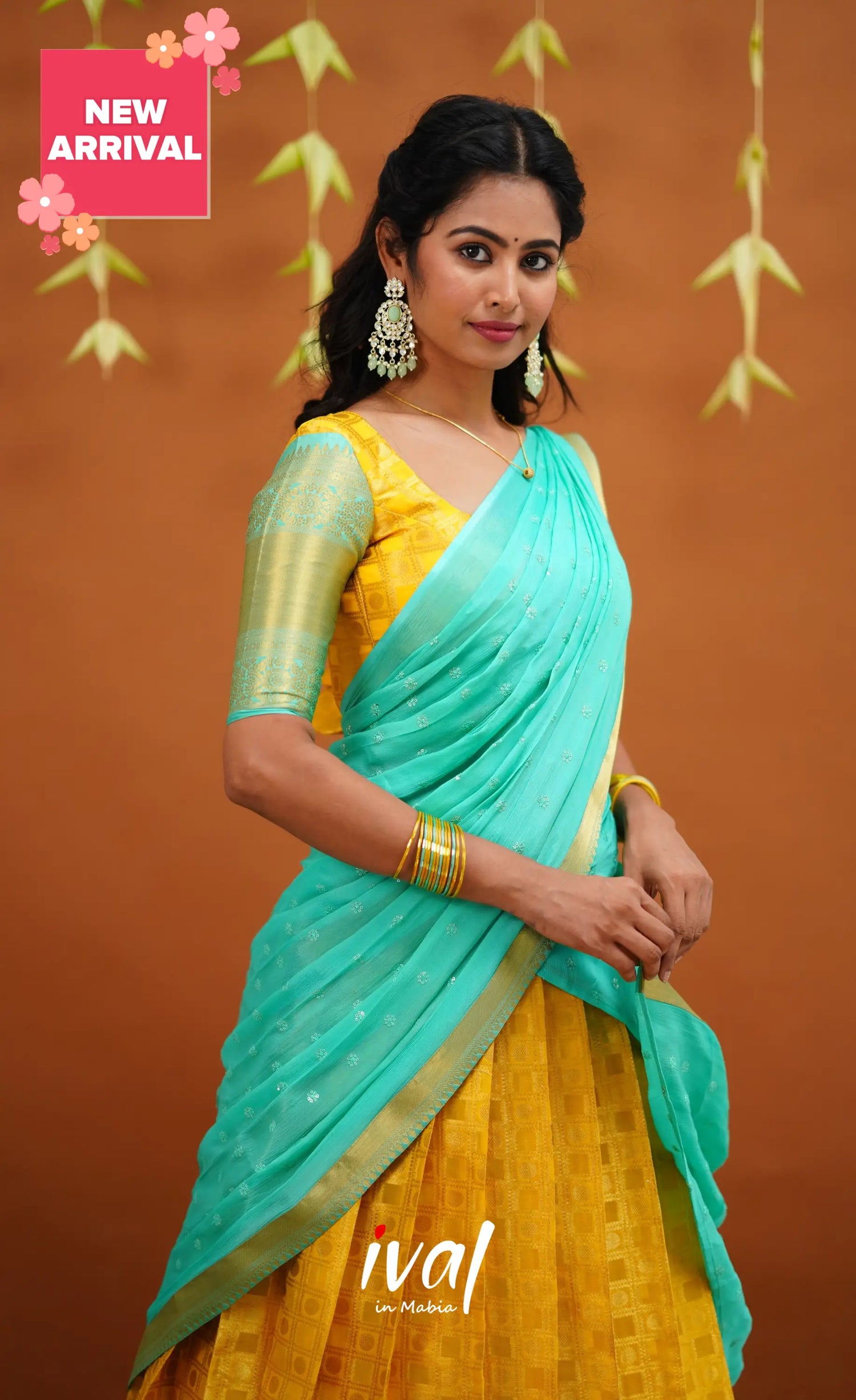 Izhaiyini Organza Half Saree - Yellow And Light Teal Sarees