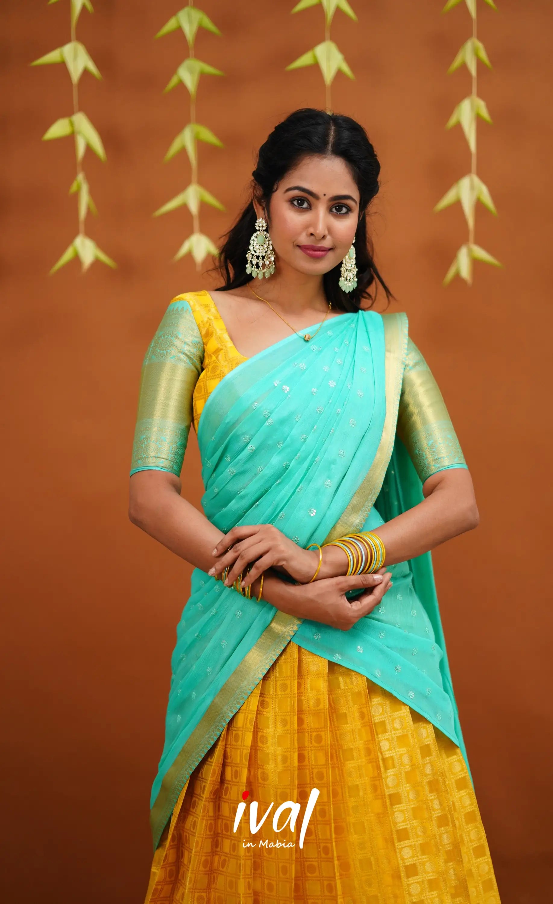 Izhaiyini Organza Half Saree - Yellow And Light Teal Sarees