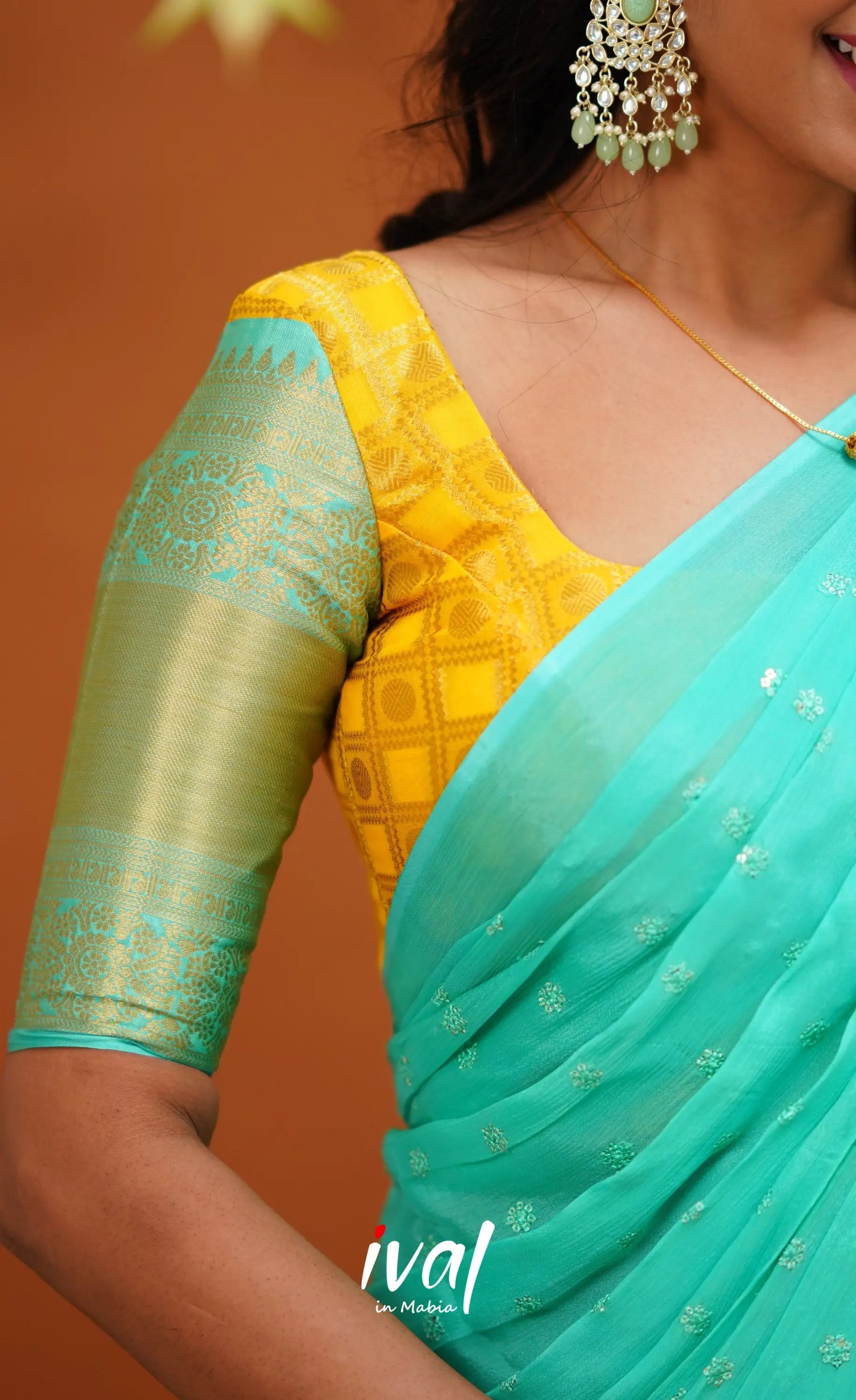 Izhaiyini Organza Half Saree - Yellow And Light Teal Sarees