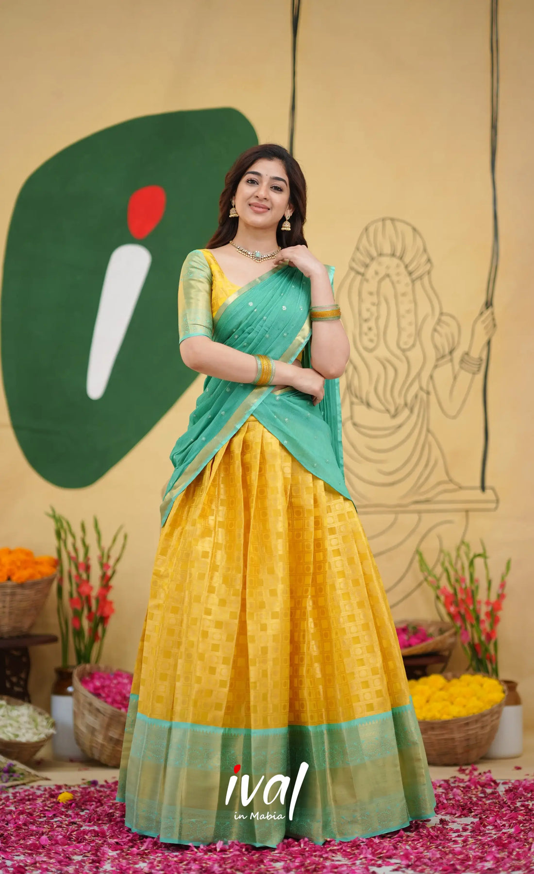 Izhaiyini Organza Half Saree - Yellow and Light Teal - Half Sarees
