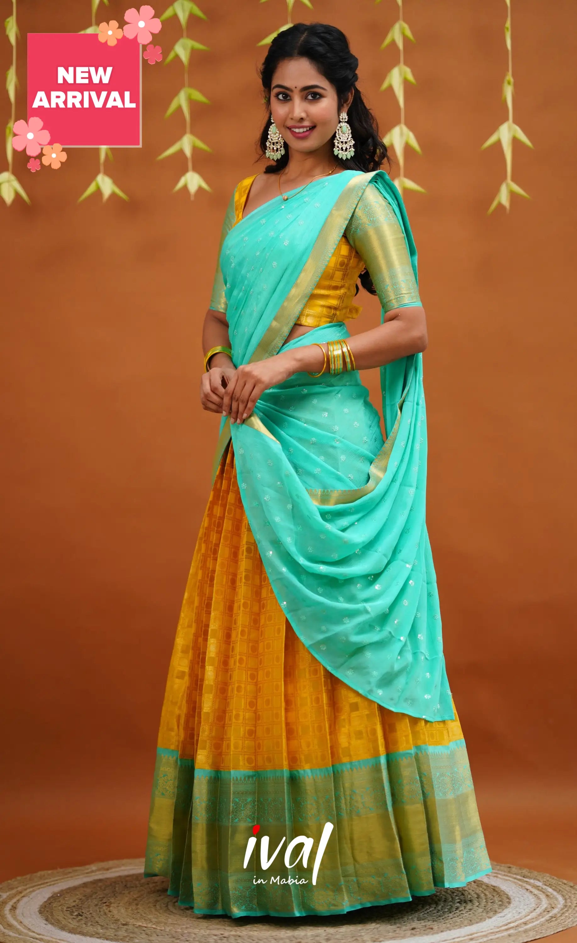 Izhaiyini Organza Half Saree - Yellow And Light Teal Sarees