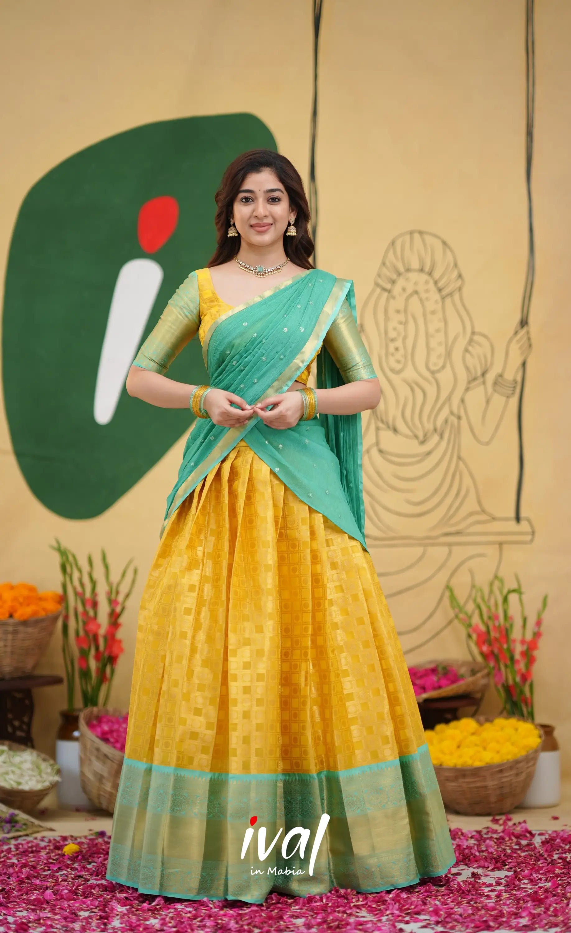 Izhaiyini Organza Half Saree - Yellow and Light Teal - Half Sarees