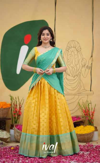 Izhaiyini Organza Half Saree - Yellow and Light Teal - Half Sarees
