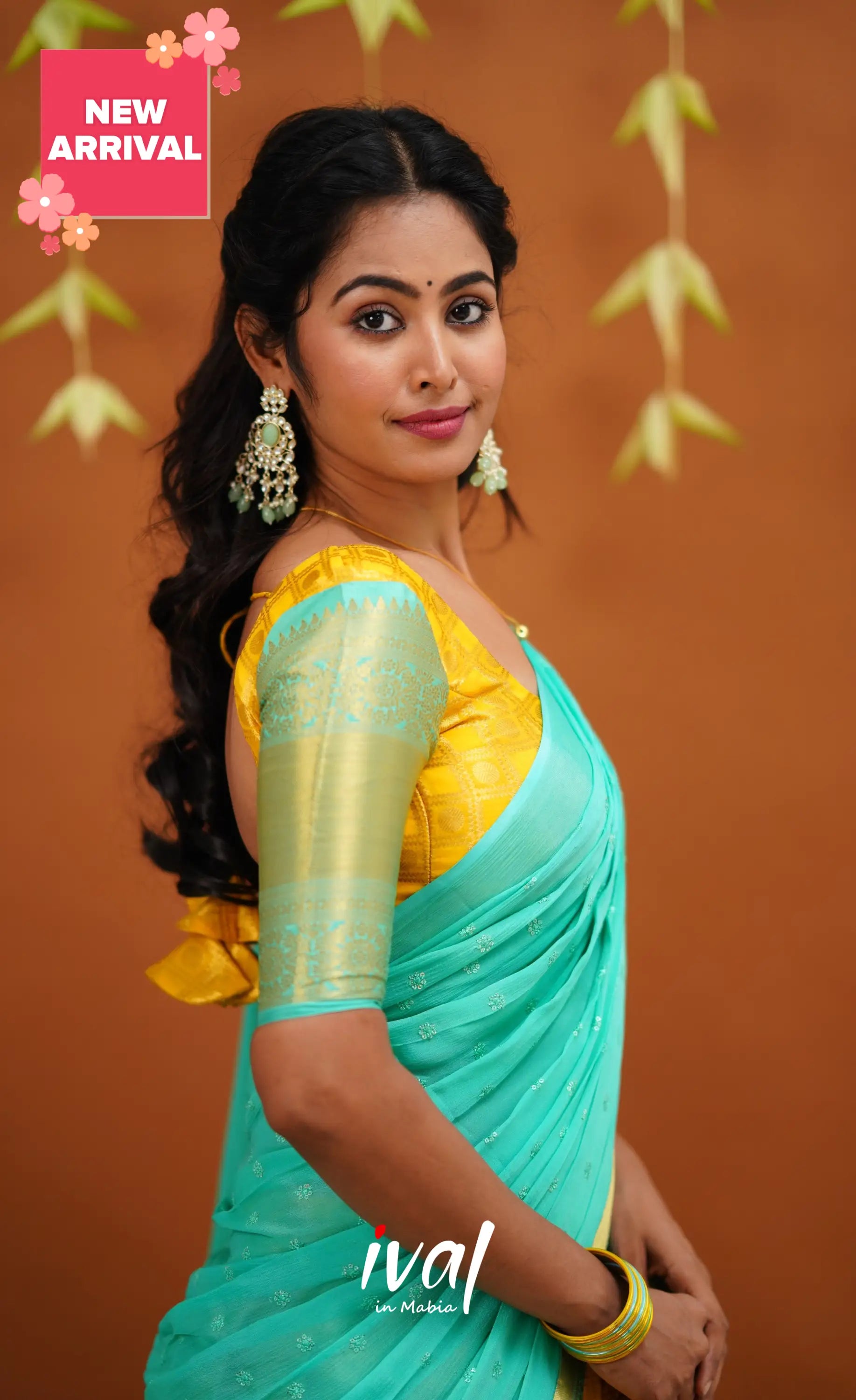 Izhaiyini Organza Half Saree - Yellow And Light Teal Sarees