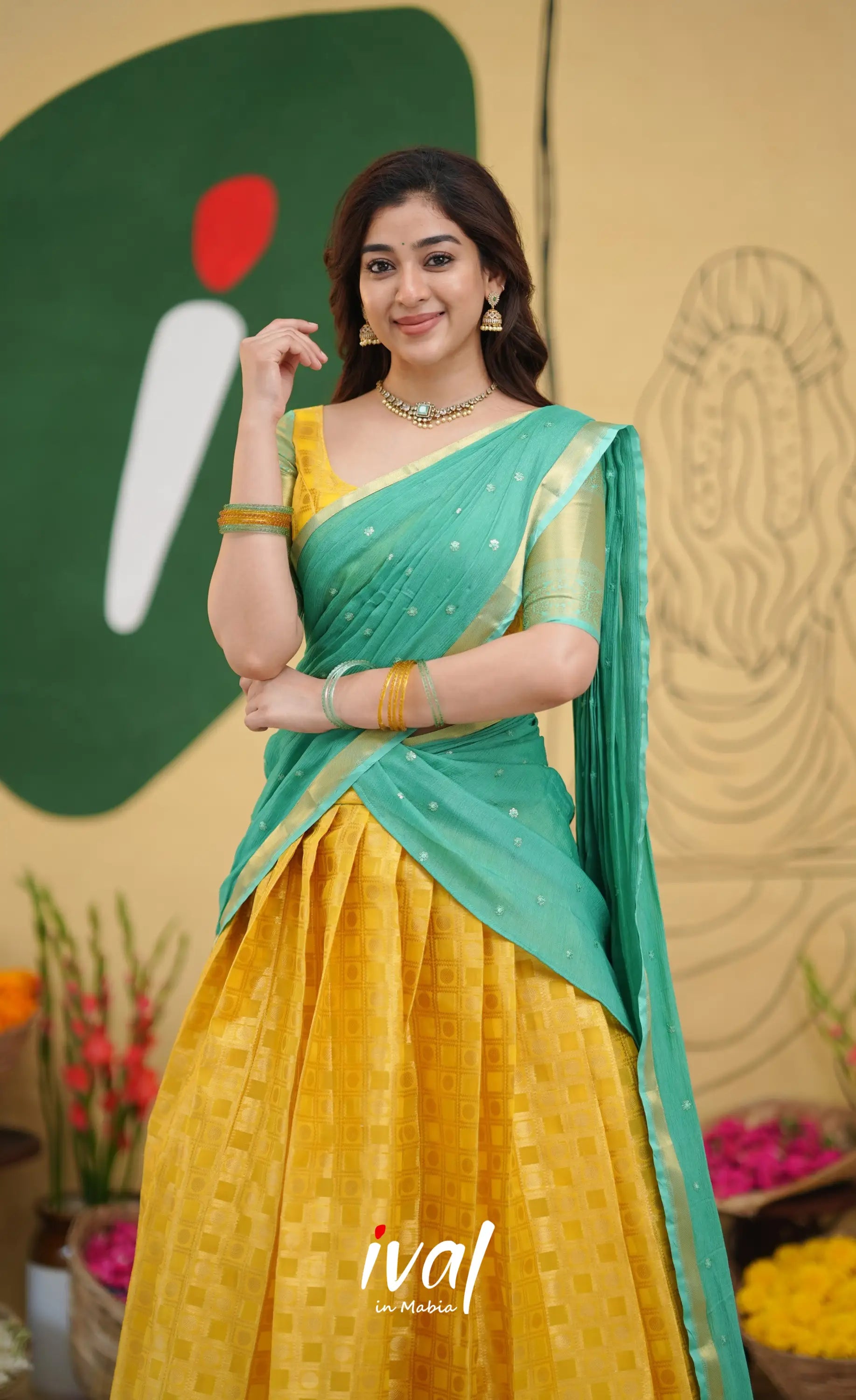 Izhaiyini Organza Half Saree - Yellow and Light Teal - Half Sarees