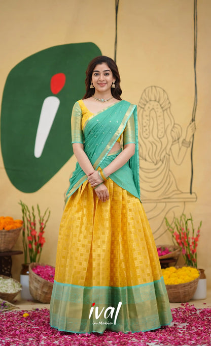 Izhaiyini Organza Half Saree - Yellow and Light Teal - Half Sarees