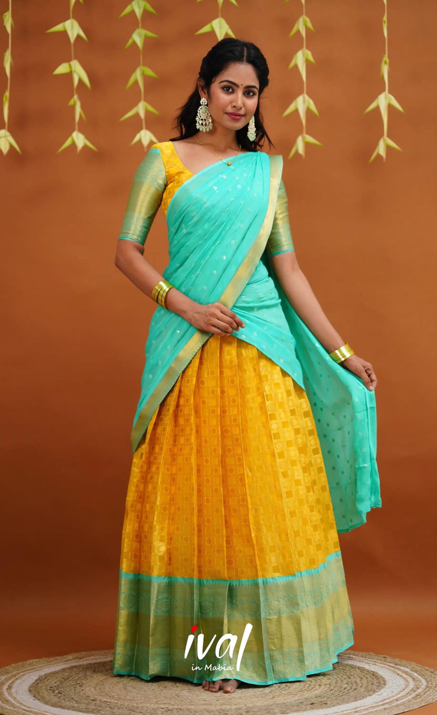 Izhaiyini Organza Half Saree - Yellow And Light Teal Sarees