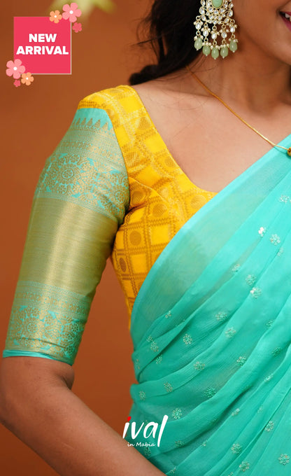 Izhaiyini Organza Half Saree - Yellow And Light Teal Sarees