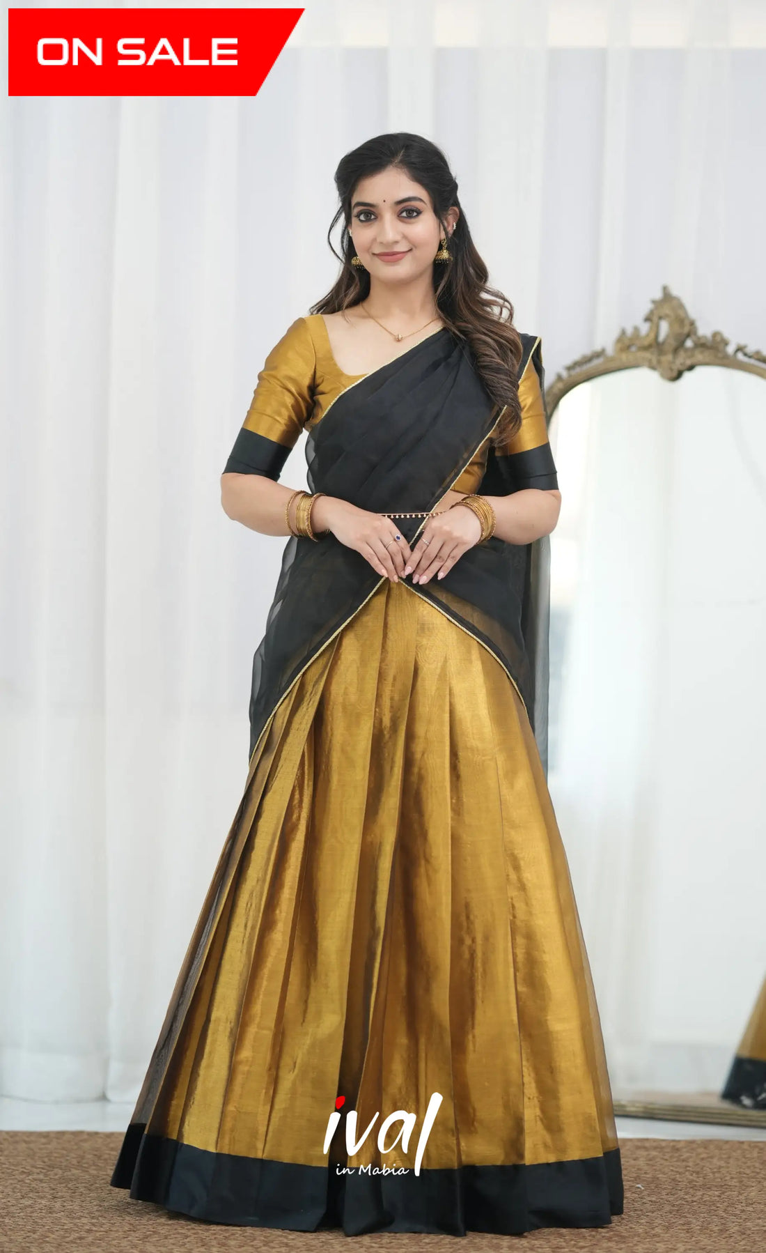 Izhaiyini Organza Halfsaree - Antique Gold and Black Half Sarees