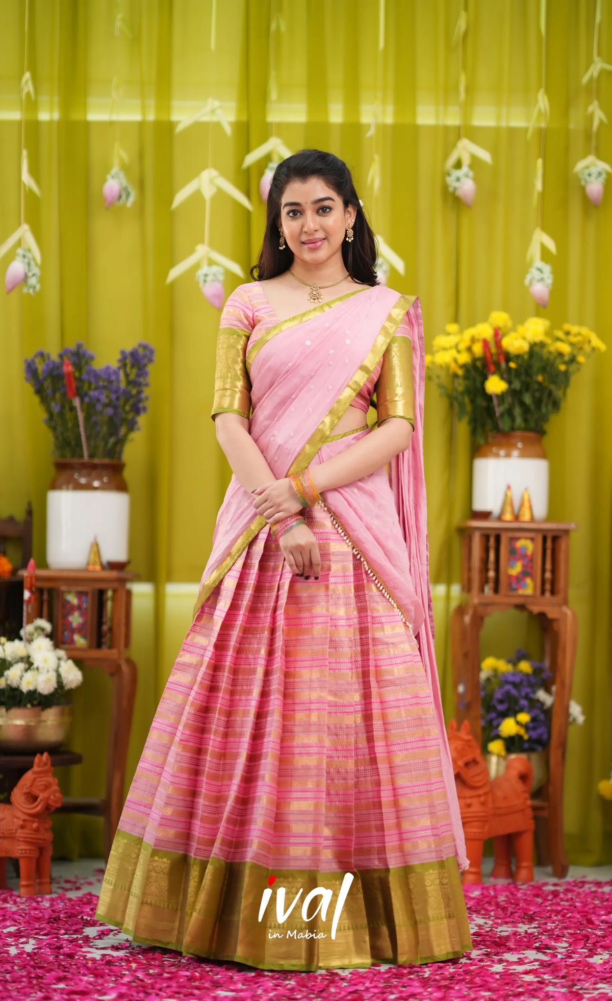Izhaiyini Organza Halfsaree - Baby Pink and Light Green - Half Sarees