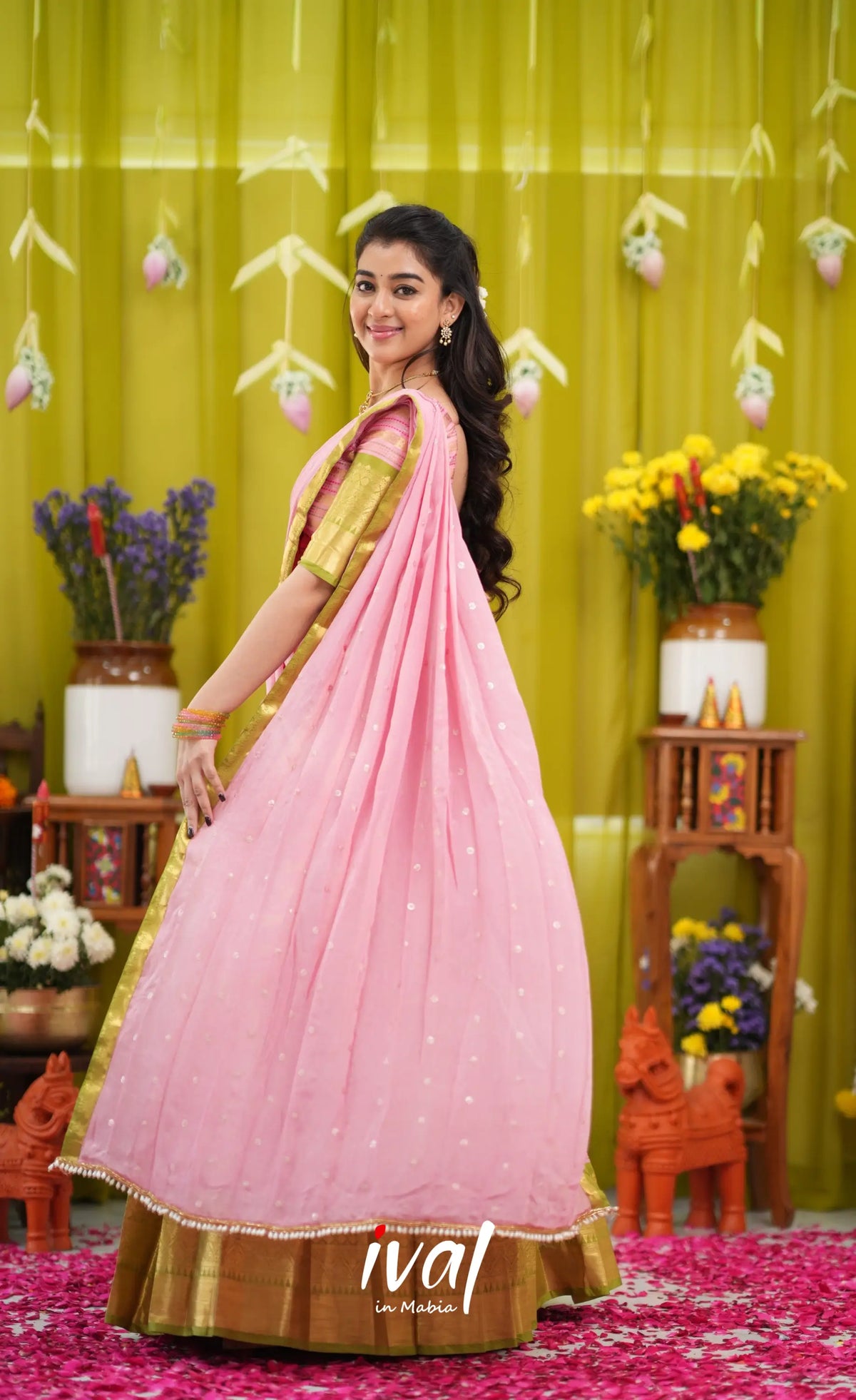 Izhaiyini Organza Halfsaree - Baby Pink and Light Green - Half Sarees