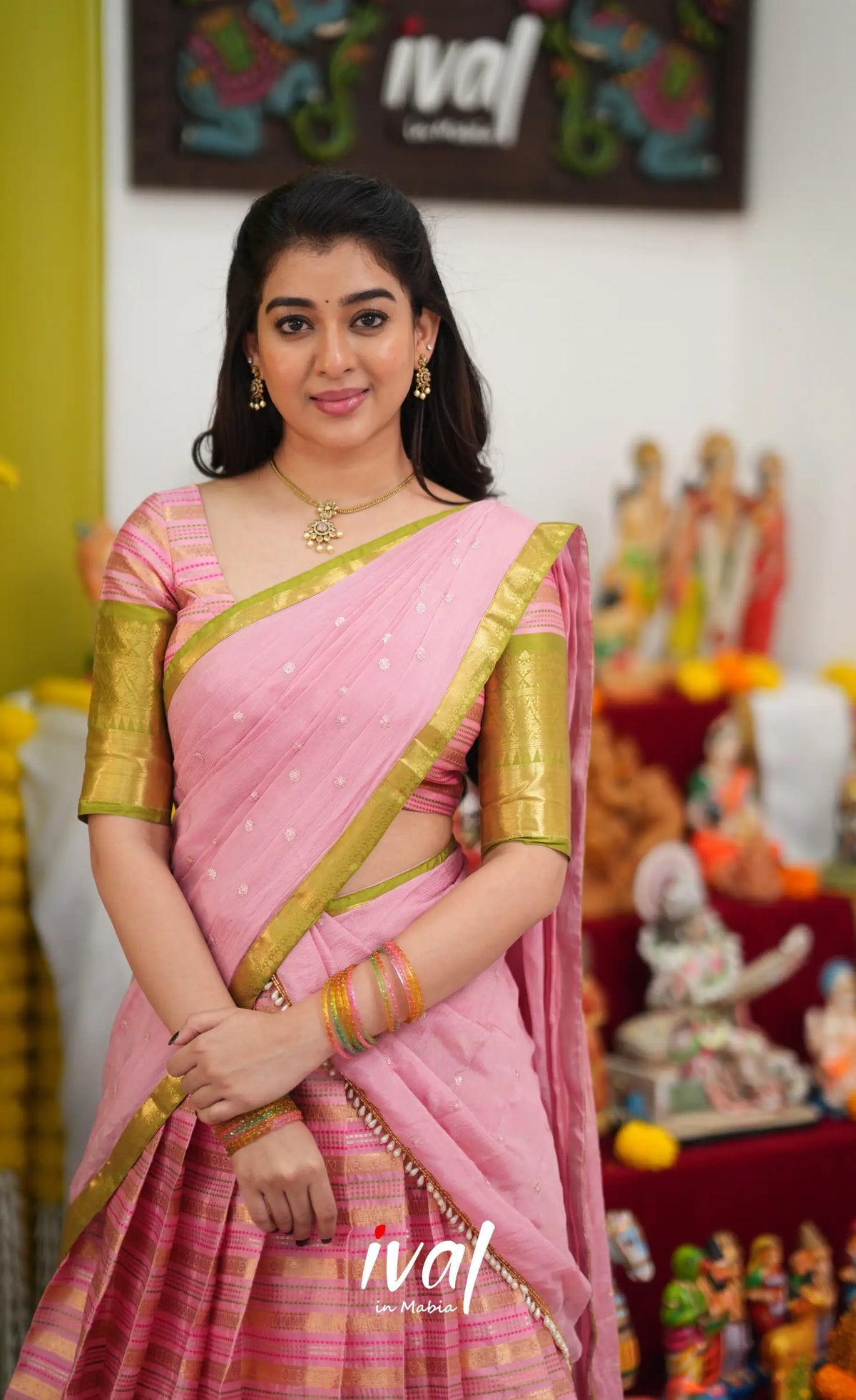 Izhaiyini Organza Halfsaree - Baby Pink and Light Green - Half Sarees