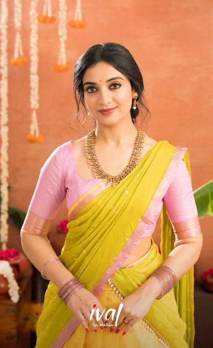 Izhaiyini Organza Halfsaree - Bright yellow and Baby pink - Half Sarees