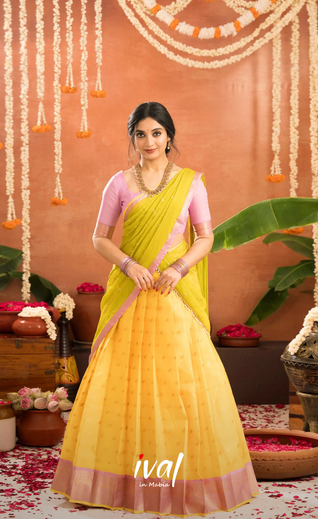 Izhaiyini Organza Halfsaree - Bright yellow and Baby pink - Half Sarees