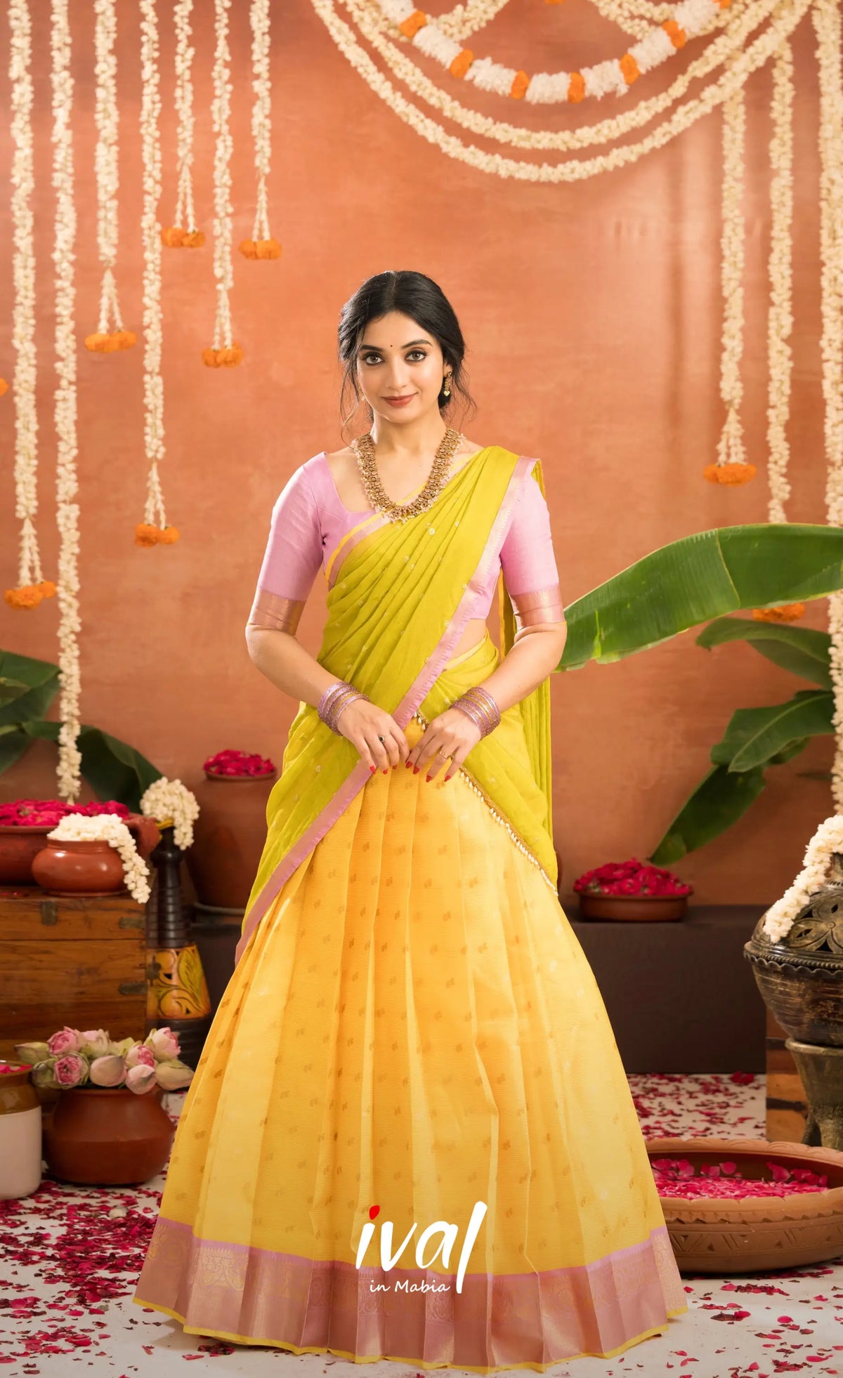 Izhaiyini Organza Halfsaree - Bright yellow and Baby pink - Half Sarees