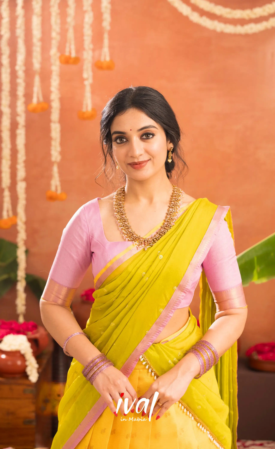 Izhaiyini Organza Halfsaree - Bright yellow and Baby pink - Half Sarees