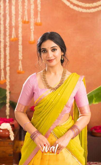 Izhaiyini Organza Halfsaree - Bright yellow and Baby pink - Half Sarees