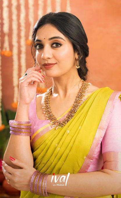 Izhaiyini Organza Halfsaree - Bright yellow and Baby pink - Half Sarees