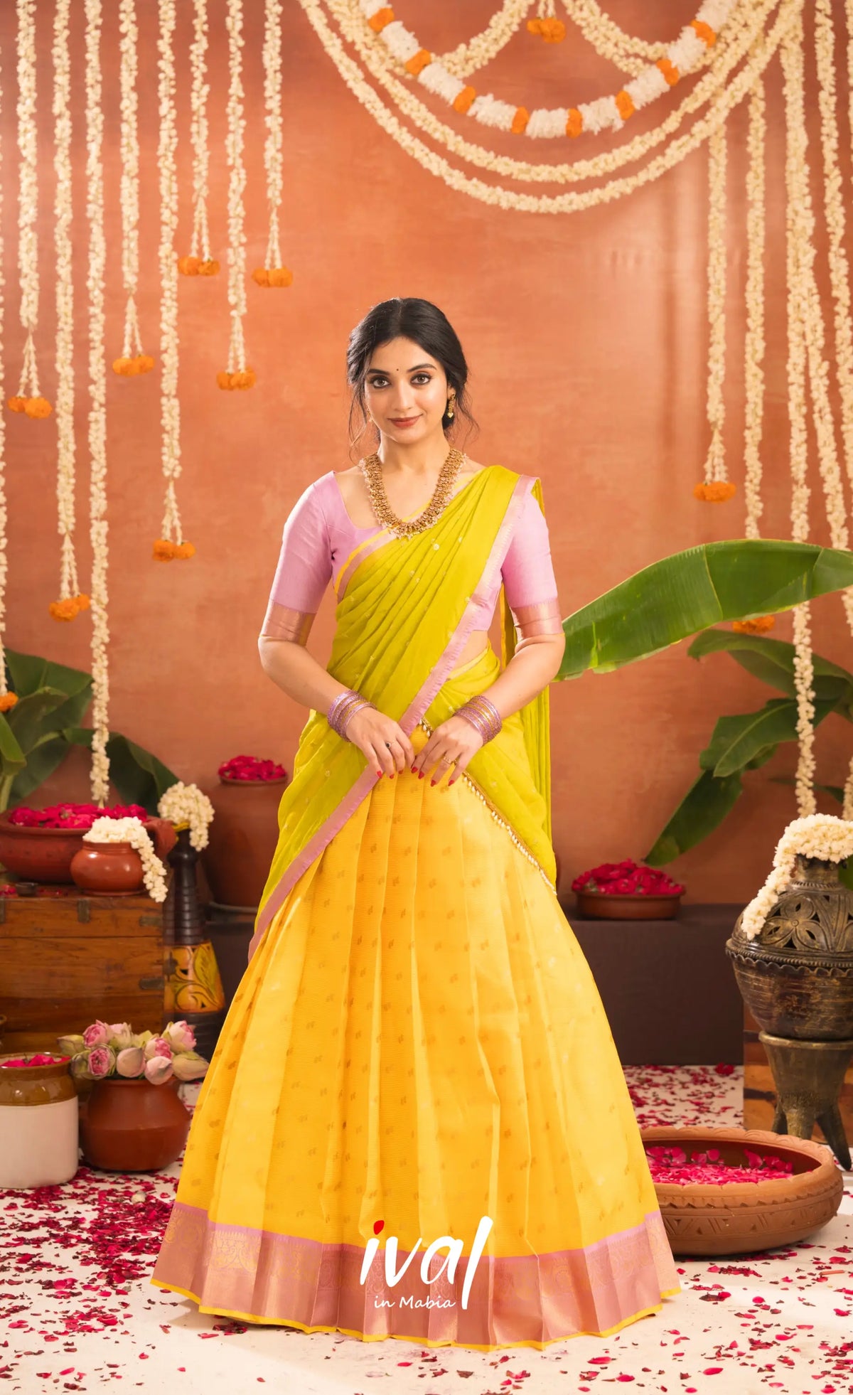 Izhaiyini Organza Halfsaree - Bright yellow and Baby pink - Half Sarees