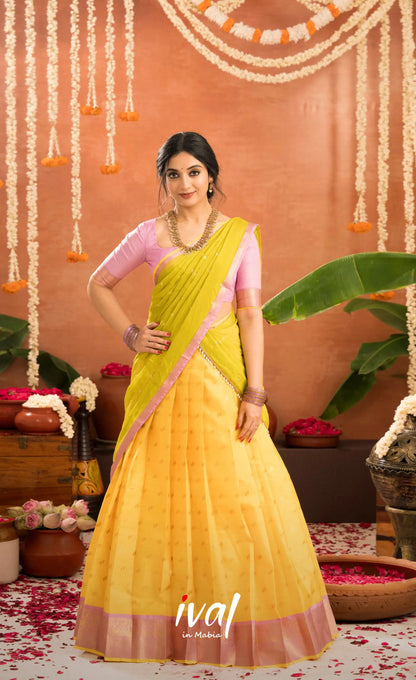 Izhaiyini Organza Halfsaree - Bright yellow and Baby pink - Half Sarees