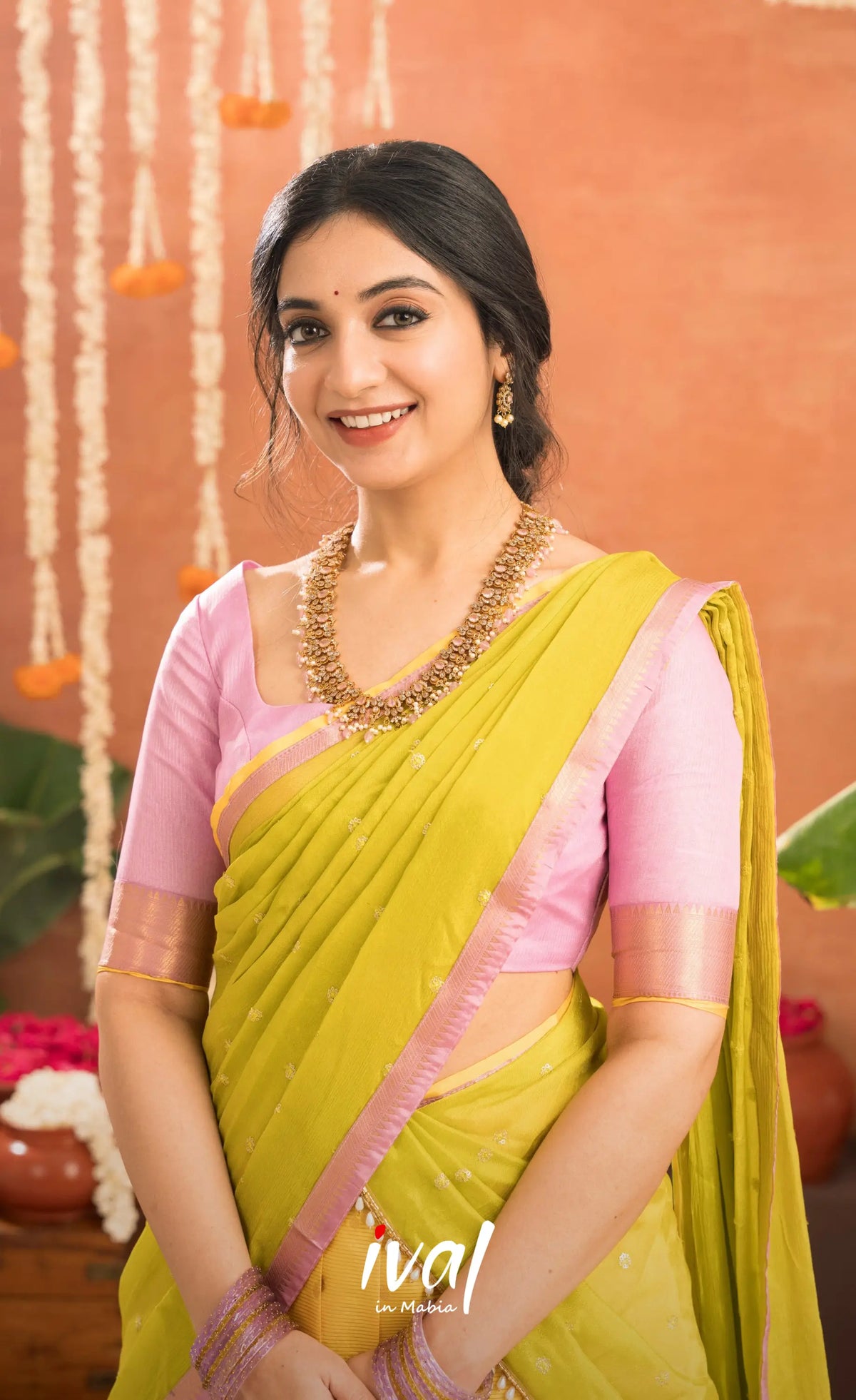 Izhaiyini Organza Halfsaree - Bright yellow and Baby pink - Half Sarees