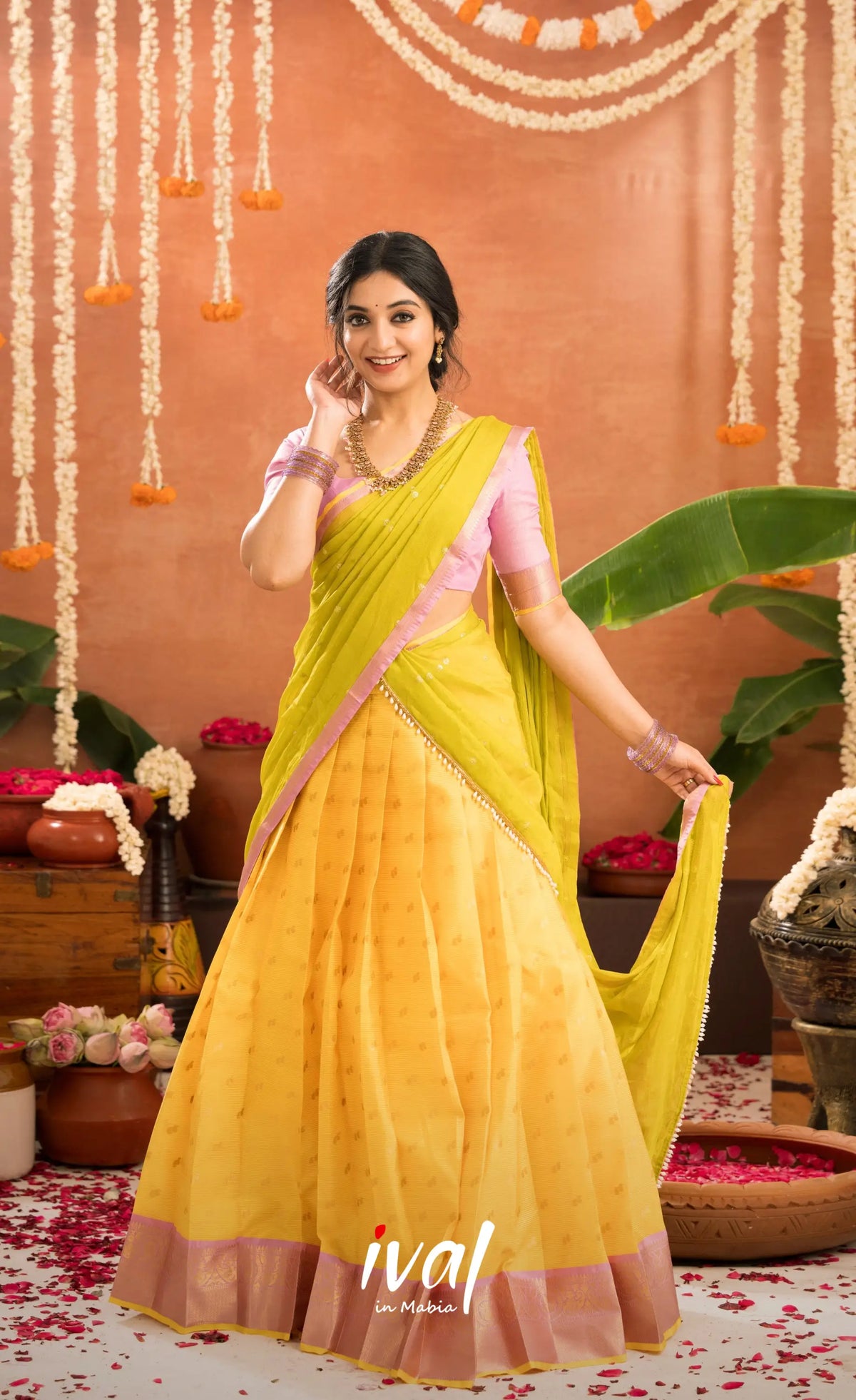 Izhaiyini Organza Halfsaree - Bright yellow and Baby pink - Half Sarees